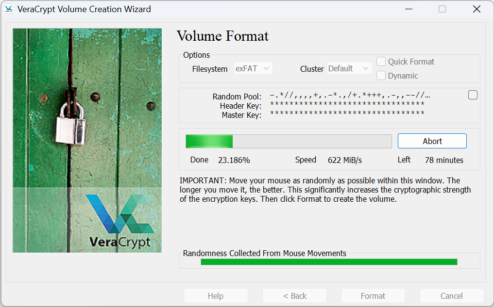 Screenshot of VeraCrypt in the process of encrypting a drive.